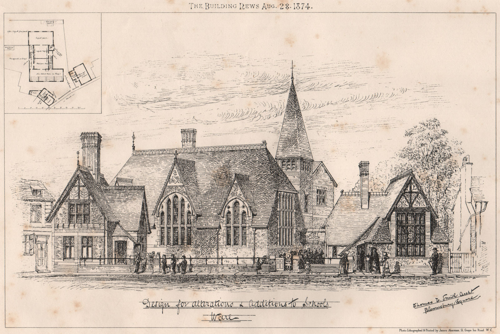 Design for alteration & additions to schools work. Education 1874 old print